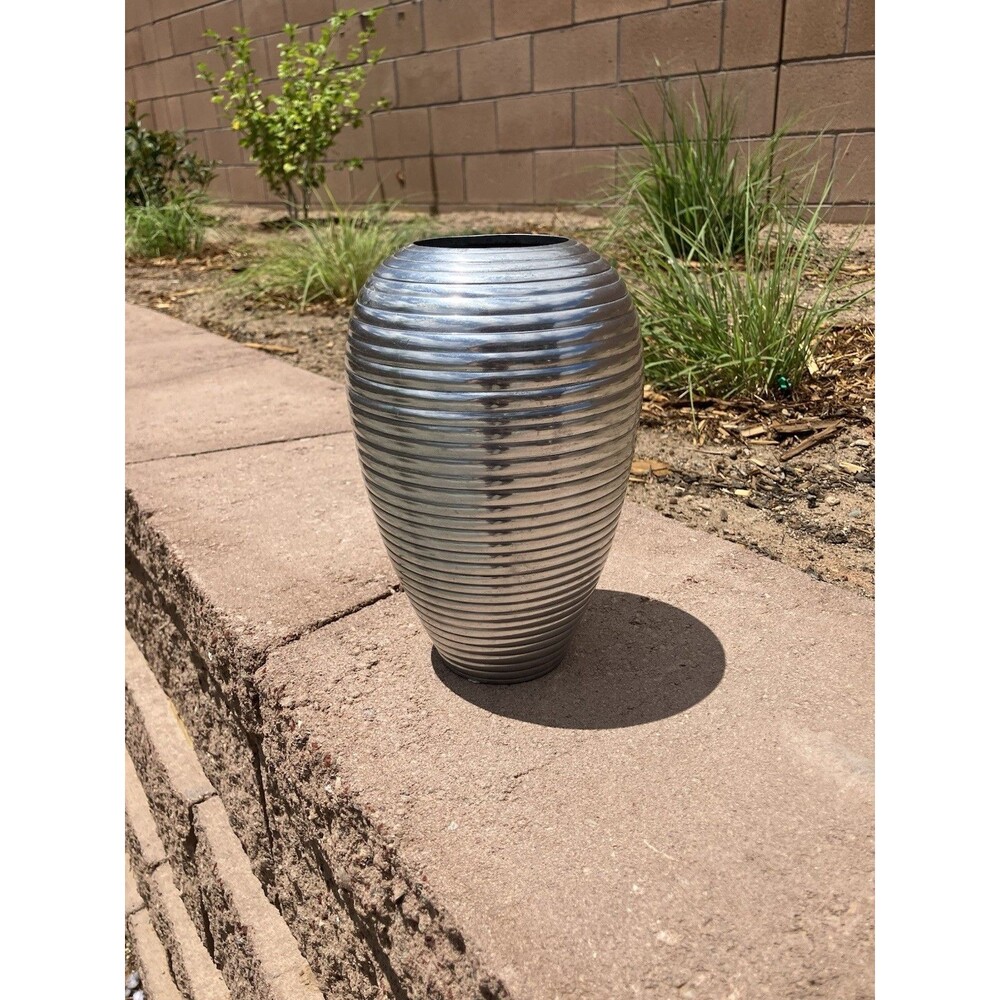 9”x5” Cast Aluminum Heavy Ribbed Silver Vase Modern Contemporary Home Decor